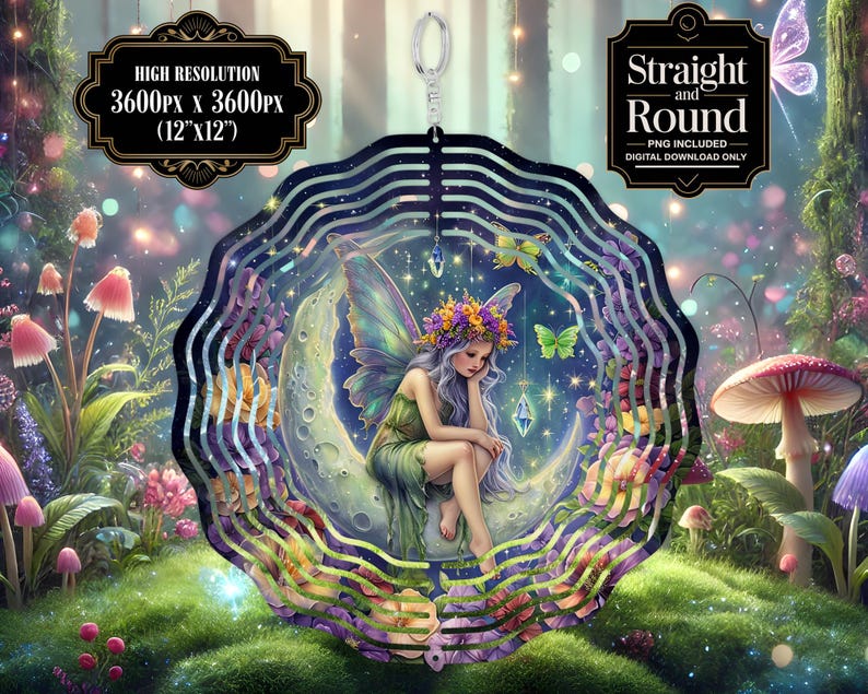 May include: A metal wind spinner with a layered design featuring a fairy sitting on a crescent moon. The fairy has long, flowing hair and is wearing a floral crown. The background is a whimsical forest scene with flowers and mushrooms.