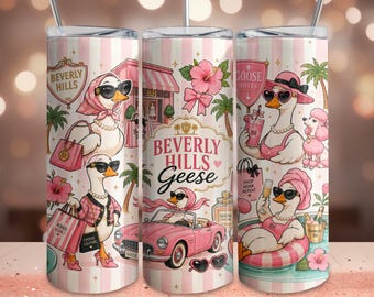Beverly Hills Geese Tumbler Wrap PNG, Preppy Goose 20oz Skinny Tumbler Wrap, Pink Coquette Luxury Goose Sublimation Design