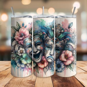 Theater Mask Tumbler Wrap – 20oz Seamless PNG, Floral Masquerade Drama Design, Digital Download for Actors & Theater Fans