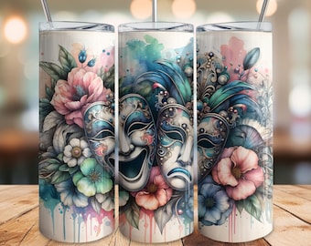 Envoltura para vaso de máscara de teatro – PNG sin costuras de 20 oz, diseño floral de mascarada dramática, descarga digital para actores y aficionados al teatro