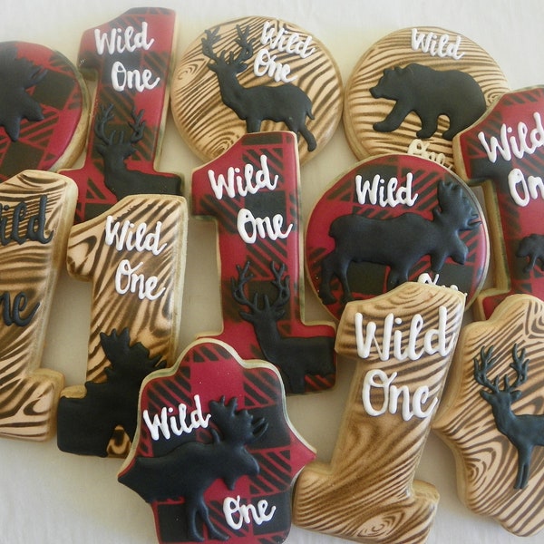 Wild One Birthday Cookies, First Birthday Cookies, First Birthday Party Favors, Buffalo Plaid Cookies, Woodland Cookies, Deer/Moose/Bear