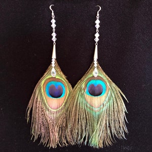 Puede incluir: Un par de pendientes largos y colgantes con plumas de pavo real de colores iridiscentes azul, verde y marrón. Cada pendiente tiene una lágrima de cristal y una cadena de cristales transparentes.