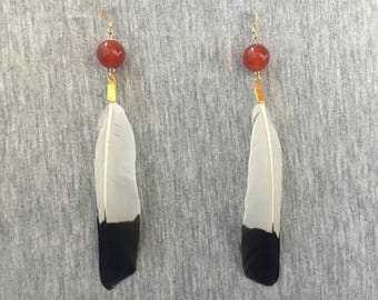 Medicine Earrings ~ FLY FREE ~ Real Feather Earring, Cruelty Free, One Feather, Black and White Feather, Agate Jewelry, Ceremony Jewelry