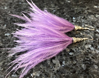 Feather Earrings ~ LAVENDER FLUFF ~ Real Feather Earring, Lavender Earring, Ostrich Feather, Belly Dance Earring, Prom Earring, Unique