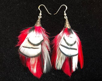 Real Feather Earrings ~ FIRE & ICE ~ Short Feather Earring, Genuine Feather, Natural Feather, Bold Earring, Statement Earring, Red and White