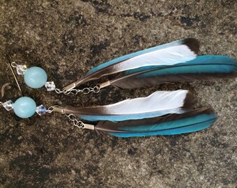 Dangle Feather Earring ~ FLUTTERS ~ Real Feather Earring, Turquoise Feather, Blue Feather Earring, Gypsy Earring, Festival Earring, Crystal