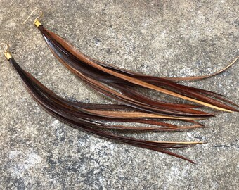 Real Feather Earrings ~ BURGUNDY ~ Long Feather Earring, Brown Earring, Rooster Saddle, Ethnic Earring, Tribal Earring, Earthy Earring