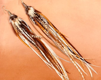 Real Feather Earrings ~ EARTH MAMA ~ Long Feather Earring, Rooster Saddle Hackle, Natural Feather, Tribal Jewelry, Boho Gypsy Hippie Wear