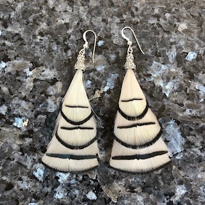 Real Feather Earring ~ WHITE FALLS ~ Short Feather Earring, Genuine Feather, Natural Feather, Pheasant Earring, Black and White Earring