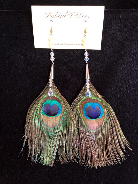 Peacock Feather Earring ~ CRYSTAL EYES ~ Real Feather  display picture 1
