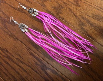 Chandelier Feather Earring ~ JOY OF SPRING ~ Real Feather Earring, Long Feather, Pink Feather Earring, Swarovski Crystal Earring, Xl Earring