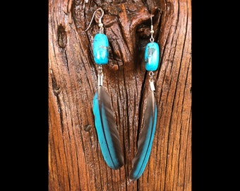 Single Feather Earring ~ Blue Dream ~ Real Feather Earring, Bright Turquoise Feather Earring, Blue Feather Earring, Turquoise Stone Jewelry