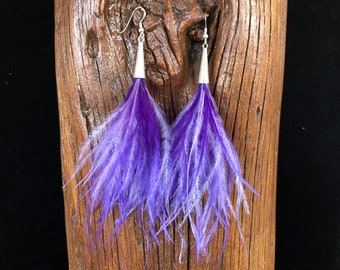 Real Feather Earrings ~ PURPLE FLUFF ~ Purple Feather Earring, Ostrich Feather, Dyed Feather, Lightweight, Fun Earring, Boho Rave Earring