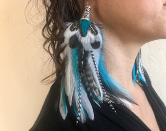 Feather Earring ~ ROCKY LAGOON ~ Full Feather Earring, Long Feather Earring, Statement Earring, Beach Earring, Burning Man, Tropical Earring