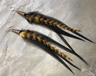 Feather Earrings ~ FANCY FELINE ~ Real Feather Earring, Black Feather Earring, Grizzly Feather Earring, Tiger Earring, Striped Earring, Boho