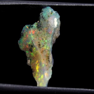 May include: A rough, iridescent opal with a green, brown, and white color scheme. The opal is a natural gemstone with a unique, irregular shape.
