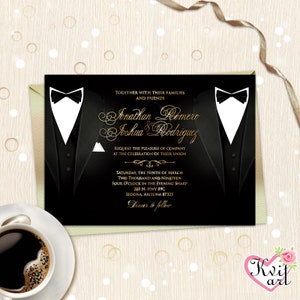 Tarjeta de invitación de boda gay. NOVIO LGBT & Novio. Boda personalizada del Sr. + Sr. Hombres del mismo sexo. Cumpleaños de los gemelos de plata de oro negro