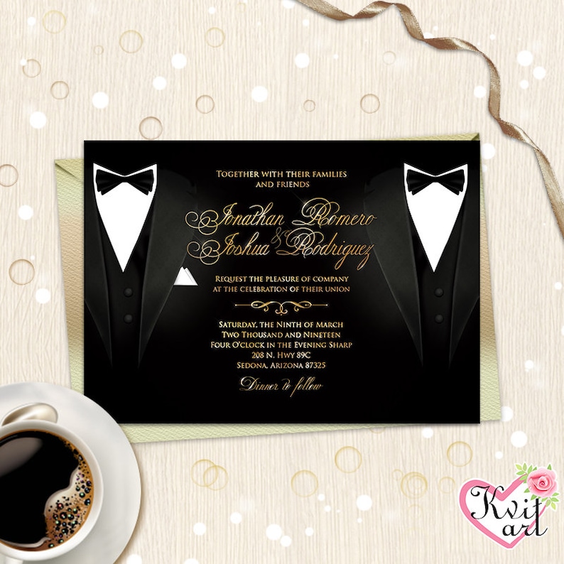 Gay Wedding Invitation Card. Groom Invite. LGBT Groom & Groom. Mr Mr. Personalized Wedding. Men Same Sex. Black Gold Silver Twins Birthday image 1