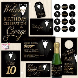 Big Bond Birthday Set. Men's Party Supplies. Invitation. James Bond Themed. Welcome Sign. Mini Wine Water Bottle Lables. Food Tents. Any Age