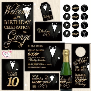 Big Bond Birthday Set. Men's Party Supplies. Invitation. James Bond Themed. Welcome Sign. Mini Wine Water Bottle Lables. Food Tents. Any Age