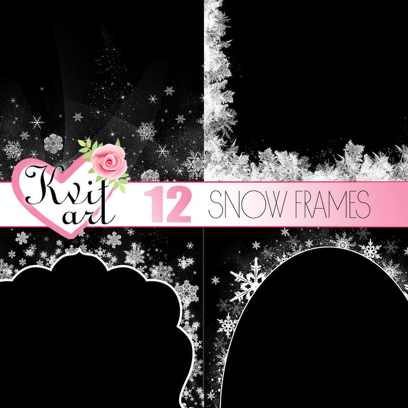 Cadres de neige. Lot de 12. Cute Christmas neige étincelle superposition de Clipart. Flocons de neige dhiver Photo bricolage décoration. Dos transparents. Blanc image 1