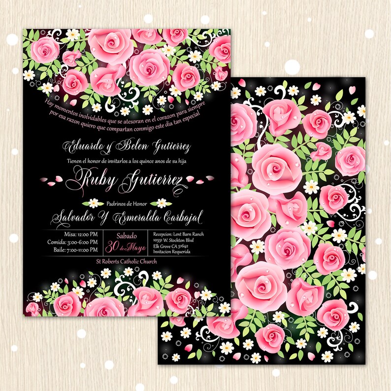 Birthday Bridal Shower Pink Roses Card Wedding Invitation Quincenera Party Floral Party Supplies Rustic Vintage Any Age. Sweet Sixteen