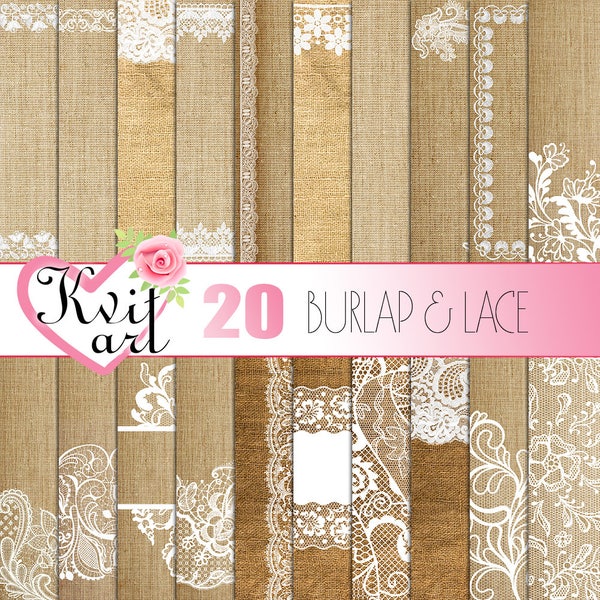 Burlap and Lace Digital Paper 8x10 inches. 20 Jpeg Files. Rustic DIY projects Wedding Birthday Invitation Template Country Shabby Chic Boho