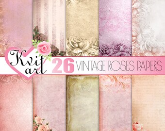 Vintage Roses Paper Big Set. 26 Jpegs. Creamy Pastel Roses. Wallpaper Kit for DIY Projects. Rustic Wedding Flowers. Scrapbooking. Background