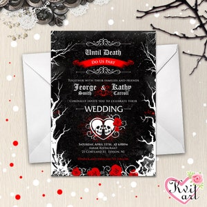Gothic Hochzeitseinladung. Personalisierte Gruselige Scull Goth Hochzeit. Vintage Until Death do us part. Spooky Red Rose Tim Burton Schwarz weiß rot