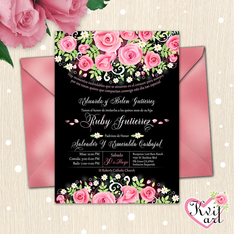 Birthday Bridal Shower Pink Roses Card Wedding Invitation Quincenera Party Floral Party Supplies Rustic Vintage Any Age. Sweet Sixteen