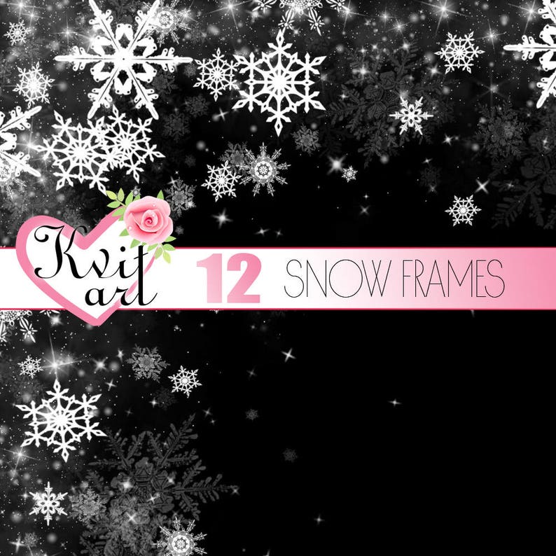 Snow Frames. Set of 12. Cute Christmas Snowfall Sparkle Overlay Clipart. Winter Snowflakes DIY Photo Decoration. Transparent Backs. White image 5