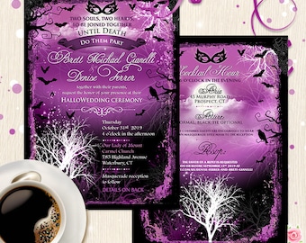 Gothic Wedding Invitation Printable Set. Helloween Birthday Tree Branches Moon RSVP Printable Kit Shabby Chic Boho Goth Purple Sparkling DIY