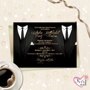 Gay Wedding Invitation Card. Groom Invite. LGBT Groom & Groom. Mr Mr. Personalized Wedding. Men Same Sex. Black Gold Silver Twins Birthday image 2