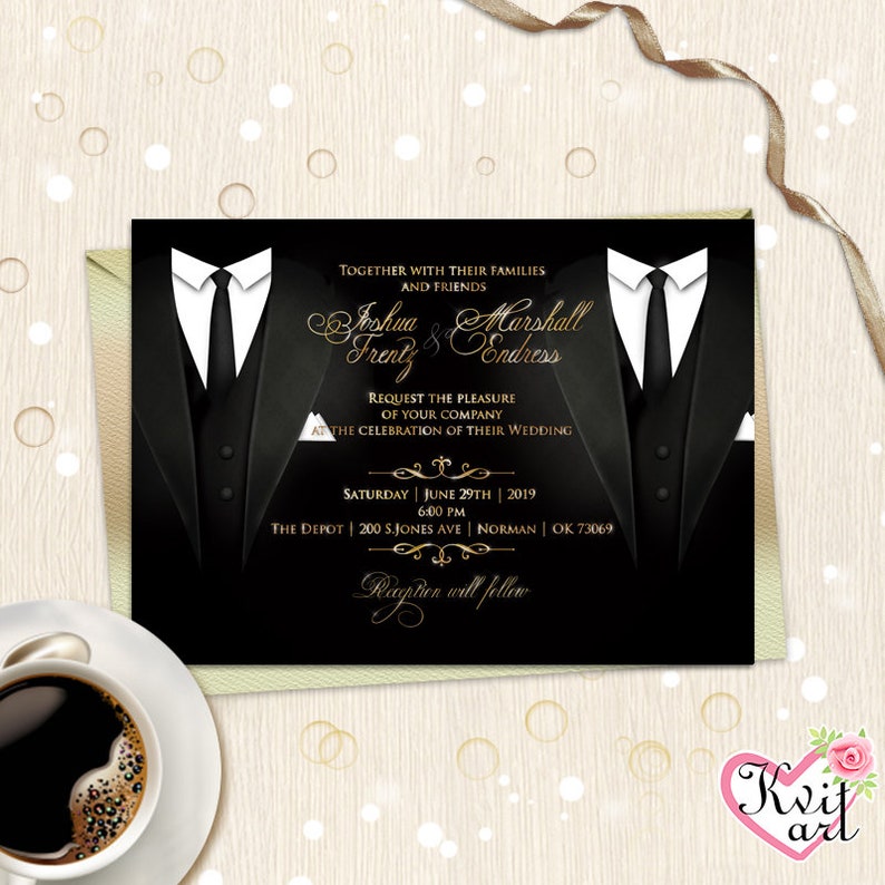 Gay Wedding Invitation Card. Groom Invite. LGBT Groom & Groom. Mr Mr. Personalized Wedding. Men Same Sex. Black Gold Silver Twins Birthday image 2