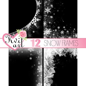 Cadres de neige. Lot de 12. Cute Christmas neige étincelle superposition de Clipart. Flocons de neige dhiver Photo bricolage décoration. Dos transparents. Blanc image 8