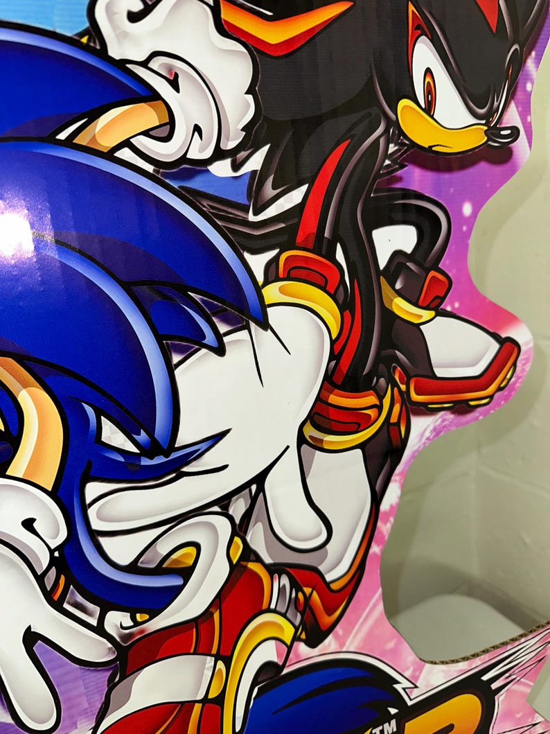 May include: A close-up of a cardboard cutout of Sonic the Hedgehog and Shadow the Hedgehog. Sonic is blue with white gloves and red shoes. Shadow is black with red eyes and red shoes. The background is pink with white stars.