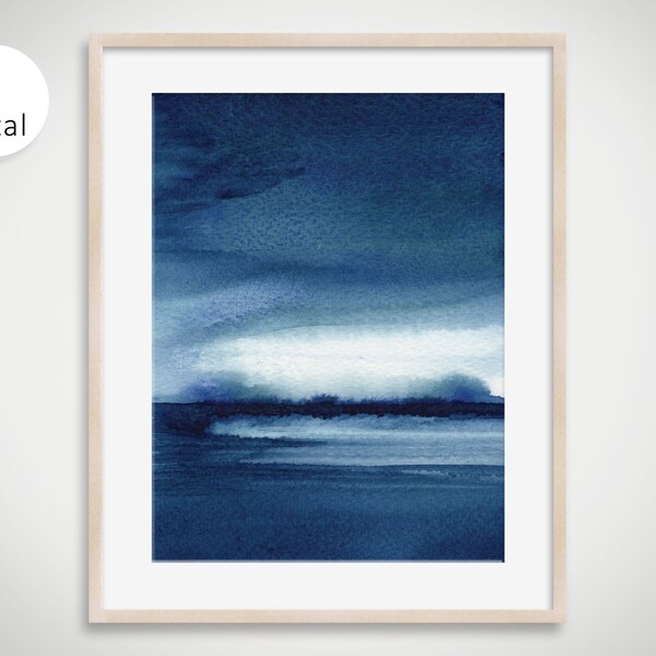 Indigo Wall Art Navy Blue Ocean Printable Wall Art Dark Ocean Painting Bedroom Print Blue Art Modern Abstract Art Indigo Watercolor