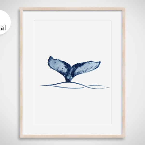 Whale Tail Print, Blue Watercolor Art, Whale Wall Art, Nursery Printable, Ocean Wall Art, Whale Painting, Digital Download, Bathroom Poster