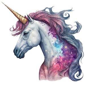 Lindo unicornio con melena de galaxia PNG, clipart de animal transparente, diseño de dibujos animados para niños, sublimación imprimible, comercial, clip art mágico para baby shower