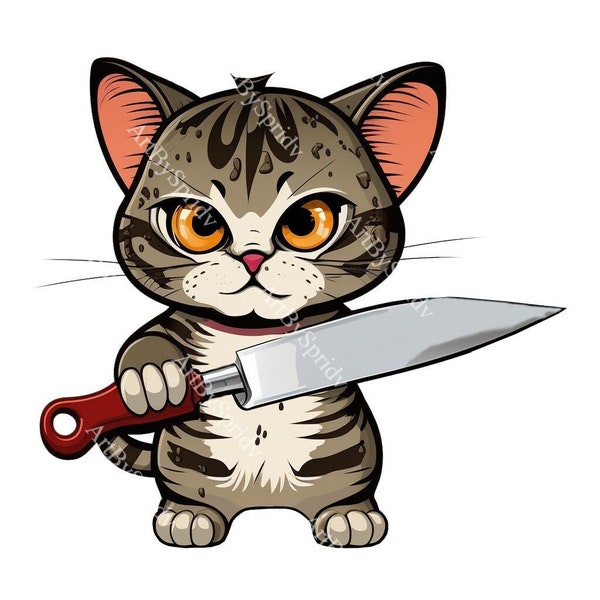 Cute Cat With Knife PNG Clipart, Transparent Animal Clip art, Kids Cartoon Design,Printable Sublimation,Commercial Use,Childred/Adults Art