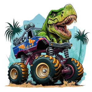 T-Rex Dinosaur on Monster Truck Sublimation Clipart, Transparent PNG Download for DIY T-Shirt Design, Cute Roaring Dino Clip Art Print File