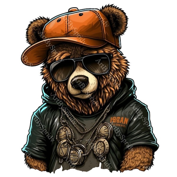 Cute Hipster Rap Teddy Bear PNG - Transparent Animal Clipart for Kids/Adults Cartoon Design, Printable Sublimation,Commercial use, Clip Art