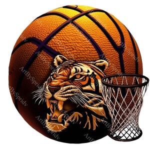 Fierce Roaring Tiger Basketball PNG Clipart, Sports Decor, Digital Clip Art, Transparent Image, Unique Animal Sports Graphic for DIY Craft