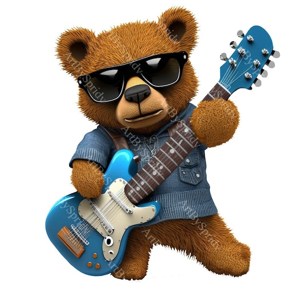 Cute Rockstar Guitar Teddy Bear PNG Clip Art-Transparent Animal Clipart for Kids/Adults Cartoon Design,Printable Sublimation,Commercial