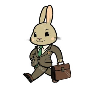 Business Bunny PNG Clipart, Cartoon Rabbit in Suit with Briefcase, Professional Animal Illustration for Office Decor, Kids Digital DIY Craft