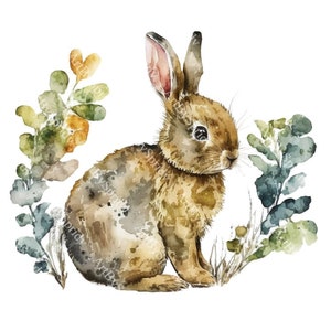 Conejo de bosque de acuarela PNG Clipart, encantador conejito con follaje, clip art transparente para manualidades de bricolaje, decoración de guardería, arte inspirado en la naturaleza