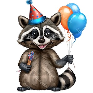 Lindo mapache fiesta de cumpleaños sombrero y globos PNG Clipart, estampado animal transparente, diseño de dibujos animados, sublimación imprimible, comercial, clip art para niños