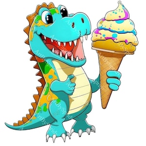 T-Rex Dinosaurier Mit Eis Clipart, Transparente PNG Clip Art, Digital Download Druck, Kinder Cartoon druckbare Sublimationsdesign, Kommerziell