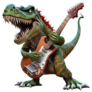 T-Rex Dinosaur With Guitar Clipart,Transparent PNG Clip Art,Digital Download Print File,Kids Cartoon Printable Sublimation Design,Commercial
