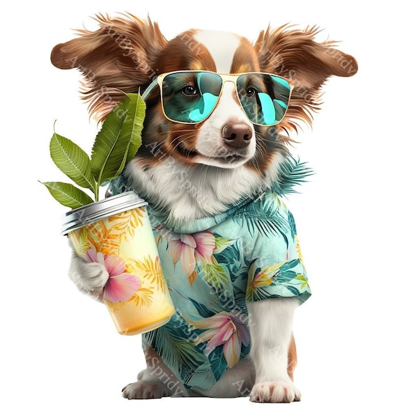 Dog With Sunglasses & Hawaiian Shirt PNG Clipart,Transparent Pet Print,Cartoon Design,Printable Sublimation,Commercial,Kids/Adults Clip Art